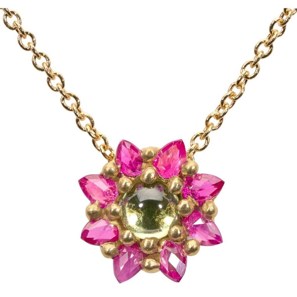 POLLY WALES Green & Pink Daisy Necklace 18K