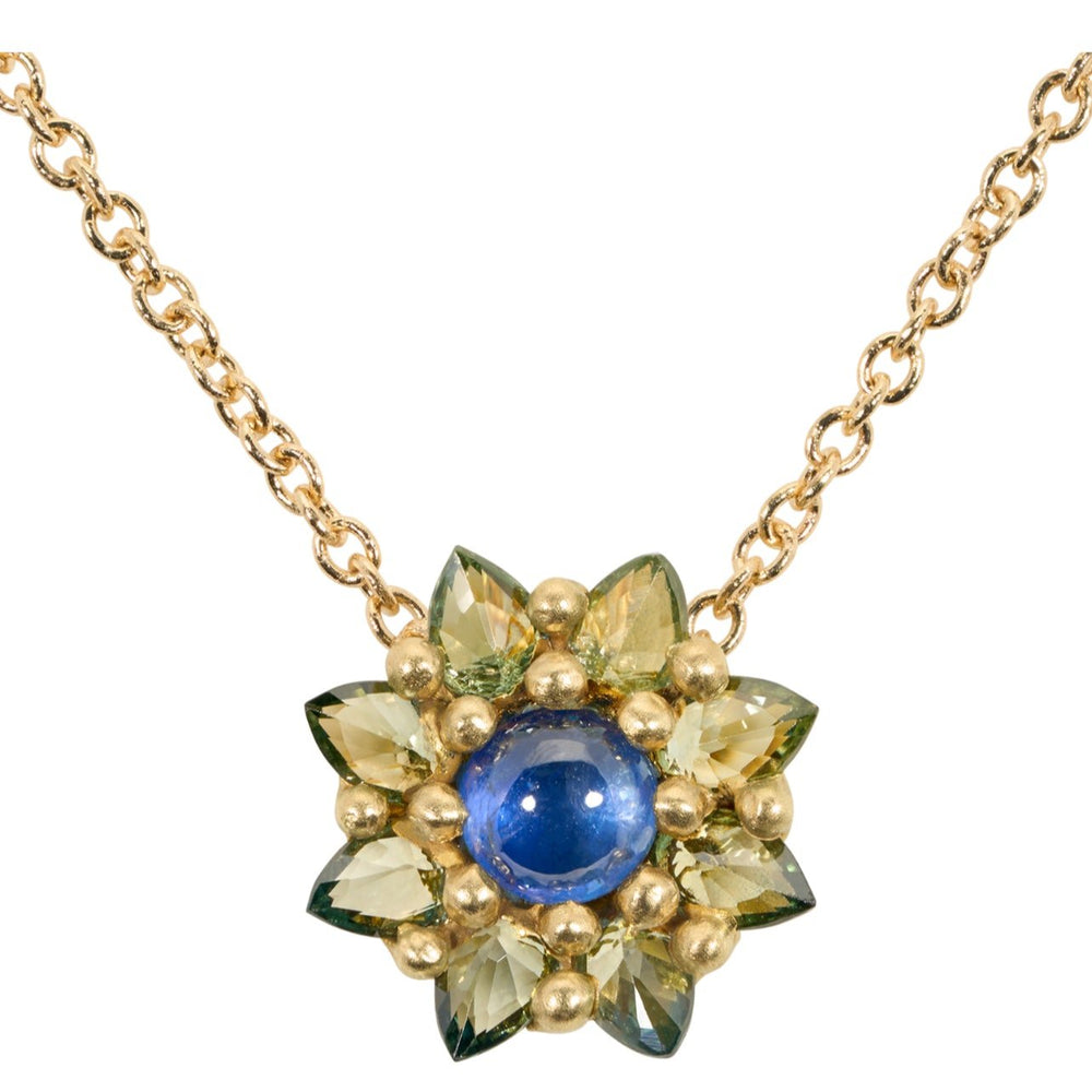 POLLY WALES Blue & Green Daisy Necklace 18K