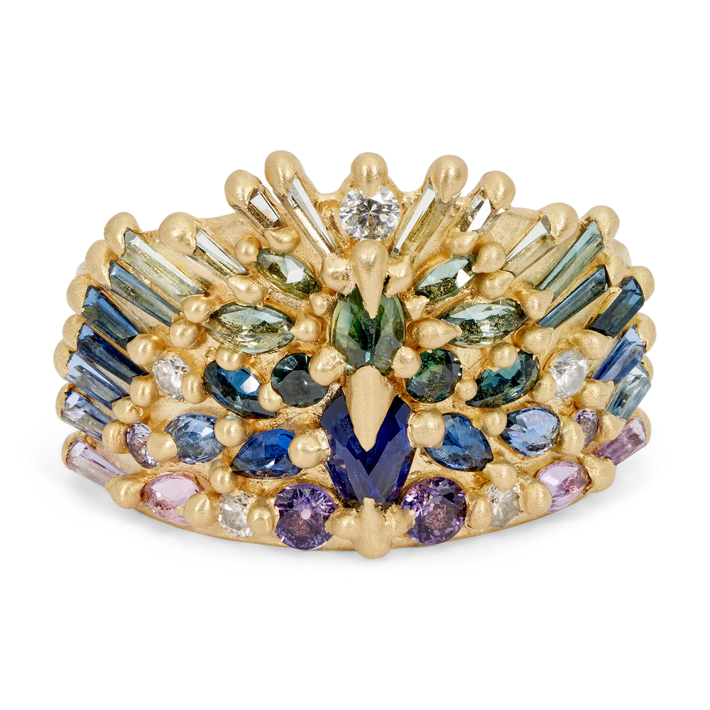 Polly Wales Blue & Green Uber Half Shield Ring with Diamonds