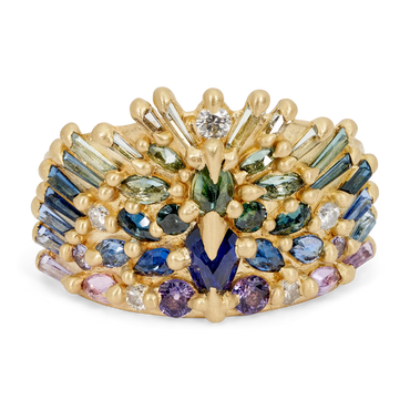 Polly Wales Blue & Green Uber Half Shield Ring with Diamonds