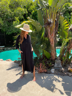 LET'S TRAVEL KAFTAN IN BLACK LINEN